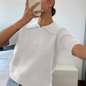DAZY Polo col monté à manches courtes en tricot, style casual, couleur unie, zip, pour femmes, été