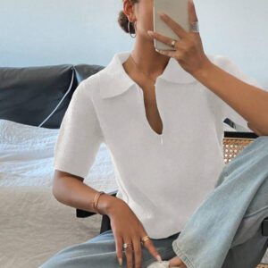 DAZY Polo col monté à manches courtes en tricot, style casual, couleur unie, zip, pour femmes, été