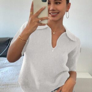 DAZY Polo col monté à manches courtes en tricot, style casual, couleur unie, zip, pour femmes, été