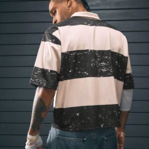 AXEPEAK Polo à manches courtes oversize à motif numérique tricoté lâche, édition école et streetwear