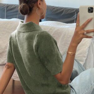 DAZY Polo col monté à manches courtes en tricot, style casual, couleur unie, zip, pour femmes, été