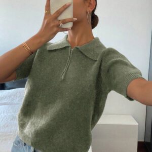 DAZY Polo col monté à manches courtes en tricot, style casual, couleur unie, zip, pour femmes, été