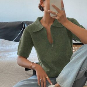 DAZY Polo col monté à manches courtes en tricot, style casual, couleur unie, zip, pour femmes, été