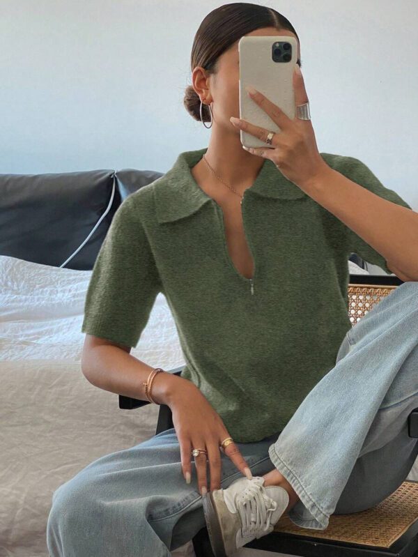 DAZY Polo col monté à manches courtes en tricot, style casual, couleur unie, zip, pour femmes, été – Image 17
