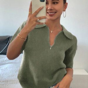 DAZY Polo col monté à manches courtes en tricot, style casual, couleur unie, zip, pour femmes, été