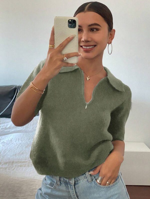 DAZY Polo col monté à manches courtes en tricot, style casual, couleur unie, zip, pour femmes, été – Image 18