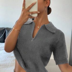 DAZY Polo col monté à manches courtes en tricot, style casual, couleur unie, zip, pour femmes, été