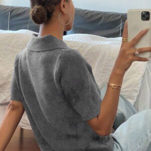DAZY Polo col monté à manches courtes en tricot, style casual, couleur unie, zip, pour femmes, été