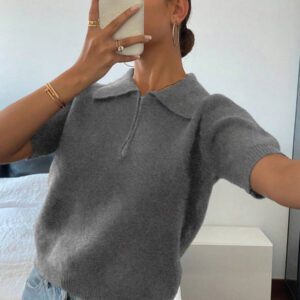 DAZY Polo col monté à manches courtes en tricot, style casual, couleur unie, zip, pour femmes, été