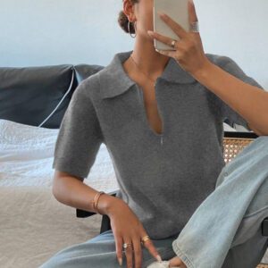 DAZY Polo col monté à manches courtes en tricot, style casual, couleur unie, zip, pour femmes, été