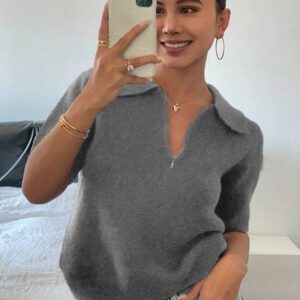 DAZY Polo col monté à manches courtes en tricot, style casual, couleur unie, zip, pour femmes, été
