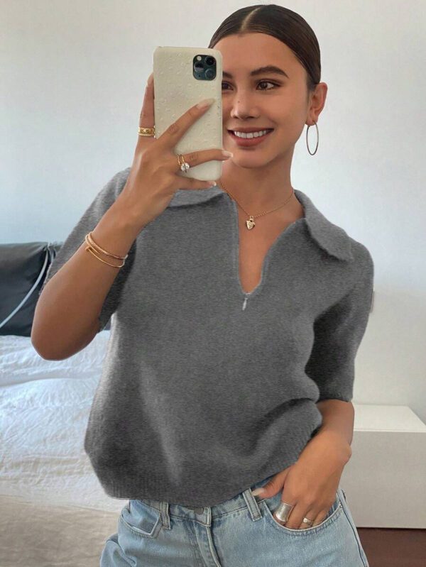 DAZY Polo col monté à manches courtes en tricot, style casual, couleur unie, zip, pour femmes, été – Image 23