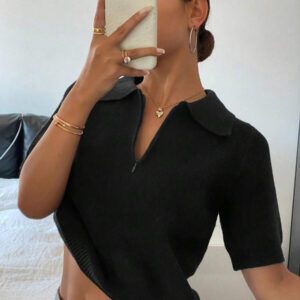 DAZY Polo col monté à manches courtes en tricot, style casual, couleur unie, zip, pour femmes, été