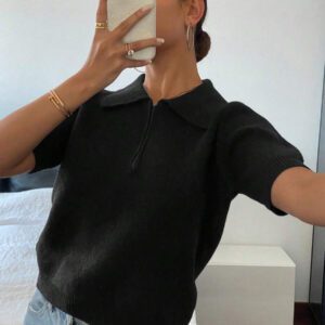 DAZY Polo col monté à manches courtes en tricot, style casual, couleur unie, zip, pour femmes, été