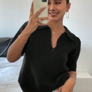 DAZY Polo col monté à manches courtes en tricot, style casual, couleur unie, zip, pour femmes, été