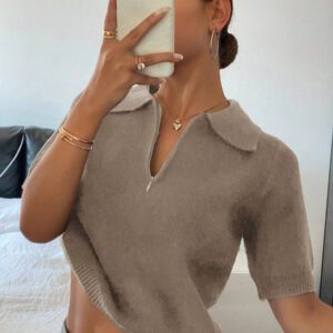 DAZY Polo col monté à manches courtes en tricot, style casual, couleur unie, zip, pour femmes, été
