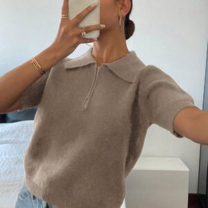 DAZY Polo col monté à manches courtes en tricot, style casual, couleur unie, zip, pour femmes, été
