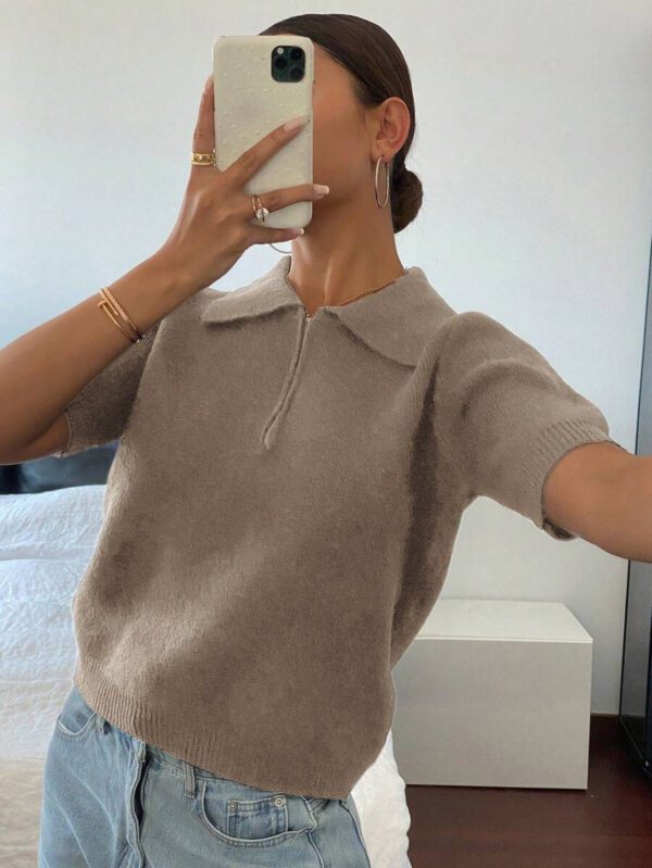 DAZY Polo col monté à manches courtes en tricot, style casual, couleur unie, zip, pour femmes, été – Image 31