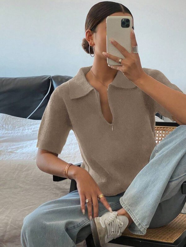 DAZY Polo col monté à manches courtes en tricot, style casual, couleur unie, zip, pour femmes, été – Image 32