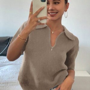 DAZY Polo col monté à manches courtes en tricot, style casual, couleur unie, zip, pour femmes, été
