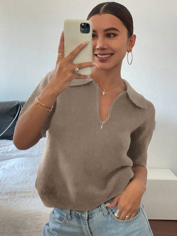 DAZY Polo col monté à manches courtes en tricot, style casual, couleur unie, zip, pour femmes, été – Image 33