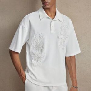 AKNOTIC Chemise polo à manches courtes décontractée pour hommes, coupe slim, col stretch, avec broderie florale et décoration de perles. Convient pour l'été, les vacances, le port quotidien, les soirées, les tenues assorties de couple, cadeau pour hommes