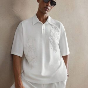 AKNOTIC Chemise polo à manches courtes décontractée pour hommes, coupe slim, col stretch, avec broderie florale et décoration de perles. Convient pour l'été, les vacances, le port quotidien, les soirées, les tenues assorties de couple, cadeau pour hommes