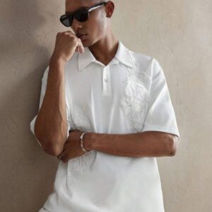 AKNOTIC Chemise polo à manches courtes décontractée pour hommes, coupe slim, col stretch, avec broderie florale et décoration de perles. Convient pour l'été, les vacances, le port quotidien, les soirées, les tenues assorties de couple, cadeau pour hommes