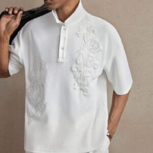 AKNOTIC Chemise polo à manches courtes décontractée pour hommes, coupe slim, col stretch, avec broderie florale et décoration de perles. Convient pour l'été, les vacances, le port quotidien, les soirées, les tenues assorties de couple, cadeau pour hommes