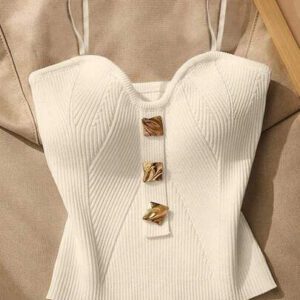 Top en tricot élégant pour femmes d'été, sans manches, de couleur unie avec un décor de boucle métallique