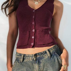 Aloruh Nouveau gilet cardigan en tricot simple et , col V sans manches, pour les déplacements et le style casual. Couleur unie vintage pourpre, polyvalent