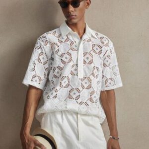 Chemise polo en maille blanche à carreaux jacquard tricotée avec épissure au col, convenant pour le port quotidien, les vacances et les mariages, printemps/été