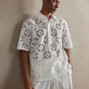 Chemise polo en maille blanche à carreaux jacquard tricotée avec épissure au col, convenant pour le port quotidien, les vacances et les mariages, printemps/été