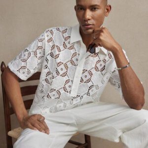 Chemise polo en maille blanche à carreaux jacquard tricotée avec épissure au col, convenant pour le port quotidien, les vacances et les mariages, printemps/été