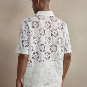 Chemise polo en maille blanche à carreaux jacquard tricotée avec épissure au col, convenant pour le port quotidien, les vacances et les mariages, printemps/été