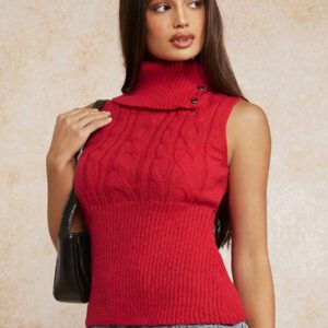 Forever 21 Gilet tricoté torsadé à col roulé sans manches rouge d'automne et d'hiver / Mignon / Pull de Noël / Pull d'Halloween / Long