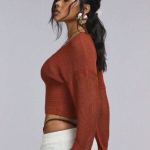 Athîral Top en tricot transparent avec manches chauve-souris de couleur unie pour femmes