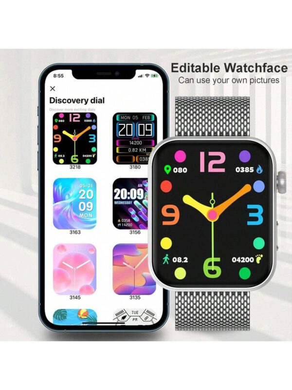 Montre connectée carrée intelligente de 1,85 pouces avec appel sans fil, modes multisports suivi de la condition physique, réception de messages, contrôle de la musique, cadran personnalisé, alarme chronomètre météo, compatible avec Android et iOS – Image 7