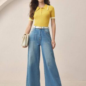 BizChic 2025 Nouveau pull court d'été pour femmes en tricot, col polo vert à contraste de couleurs, demi-placket, manches courtes, pour une tenue décontractée et élégante au quotidien, pour les vacances, les mariages, les festivals de musique champêtres, l'aéroport, le style vintage des années 90 à Stockholm, le 4 juillet