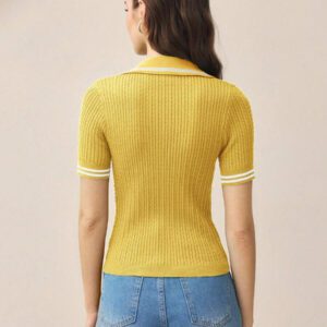 BizChic 2025 Nouveau pull court d'été pour femmes en tricot, col polo vert à contraste de couleurs, demi-placket, manches courtes, pour une tenue décontractée et élégante au quotidien, pour les vacances, les mariages, les festivals de musique champêtres, l'aéroport, le style vintage des années 90 à Stockholm, le 4 juillet