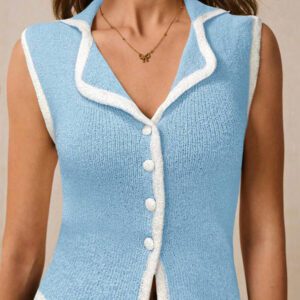 Poéselle Top en tricot sans manches à empiècement coloré, casual/de bureau, col casual, ourlet asymétrique, top d'été boutonné pour femmes, style bohème d'été pour femmes