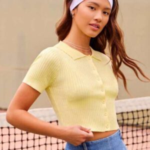 WESTFADE Cardigans court tricot côtelé ajusté à manches courtes col polo boutonné devant, léger, style décontracté mignon western cowgirl pour l'été