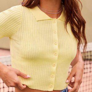 WESTFADE Cardigans court tricot côtelé ajusté à manches courtes col polo boutonné devant, léger, style décontracté mignon western cowgirl pour l'été