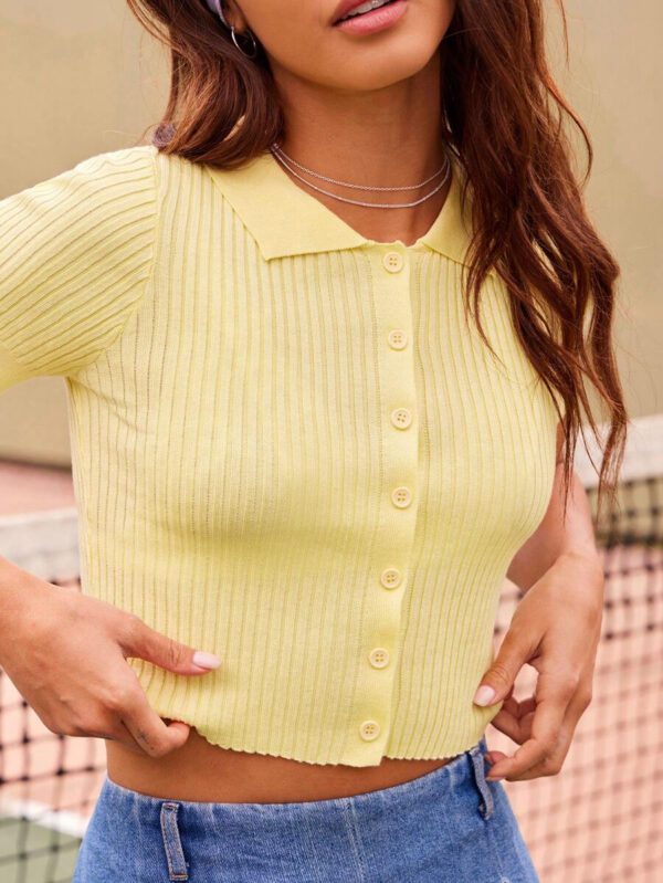 WESTFADE Cardigans court tricot côtelé ajusté à manches courtes col polo boutonné devant, léger, style décontracté mignon western cowgirl pour l'été – Image 5