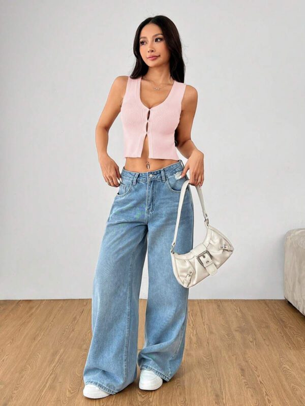 SHEIN PETITE Top tricoté sans manches de couleur unie style décontracté pour femmes, veste simple, veste-gilet avec fente à l'ourlet, gilet blanc col V, gilet beige, gilet de vacances, Top de vacances col V à ourlet asymétrique – Image 39