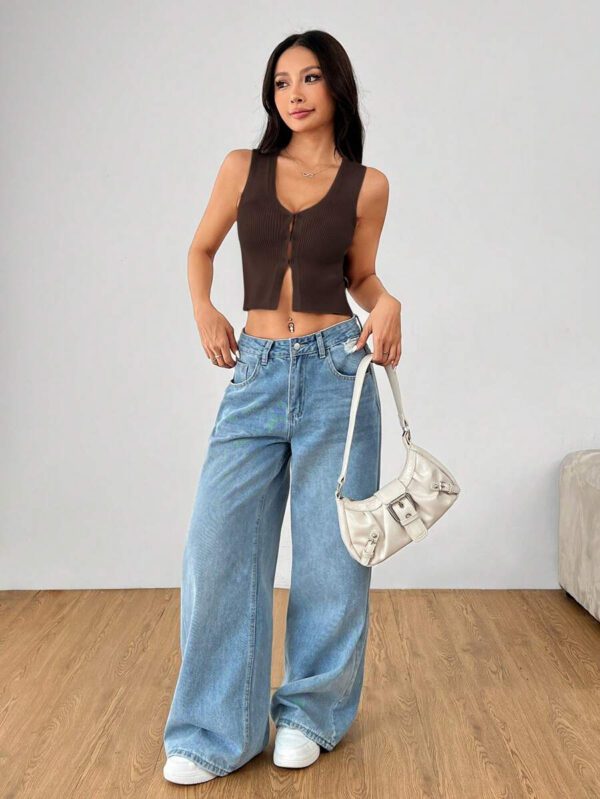 SHEIN PETITE Top tricoté sans manches de couleur unie style décontracté pour femmes, veste simple, veste-gilet avec fente à l'ourlet, gilet blanc col V, gilet beige, gilet de vacances, Top de vacances col V à ourlet asymétrique – Image 46