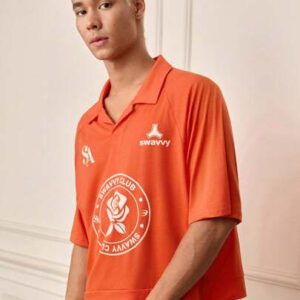 SWAVVY Chemise polo ample à manches raglan avec imprimé lettres et fleurs pour hommes