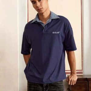 SWAVVY Chemise polo décontractée de mode pour homme, 2 en 1, col bicolore, fleur brodée, logo anglais, ample
