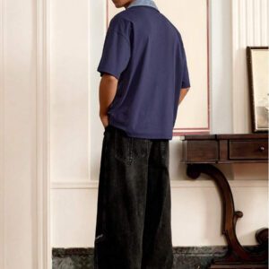SWAVVY Chemise polo décontractée de mode pour homme, 2 en 1, col bicolore, fleur brodée, logo anglais, ample
