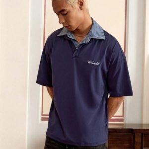 SWAVVY Chemise polo décontractée de mode pour homme, 2 en 1, col bicolore, fleur brodée, logo anglais, ample